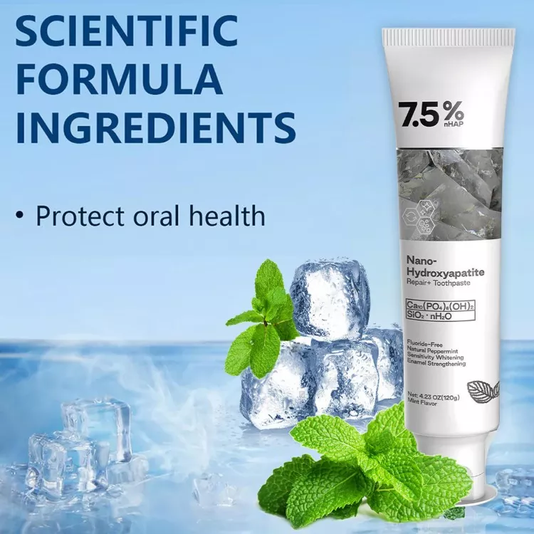 Nano Hydroxyapatite Toothpaste packaging and gray paste
